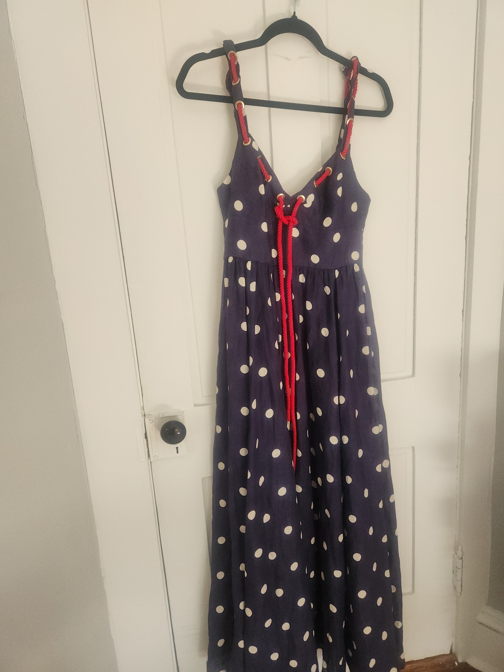 Zimmermann Navy Polka Dot Maxi Dress with Red Rope Detail